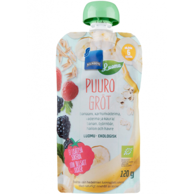 Каша органическая Rainbow Puuro Banaani-Karhunvadelma-Vadelma-Kaura 120 г банан-ежевика-малина с 6 месяцев